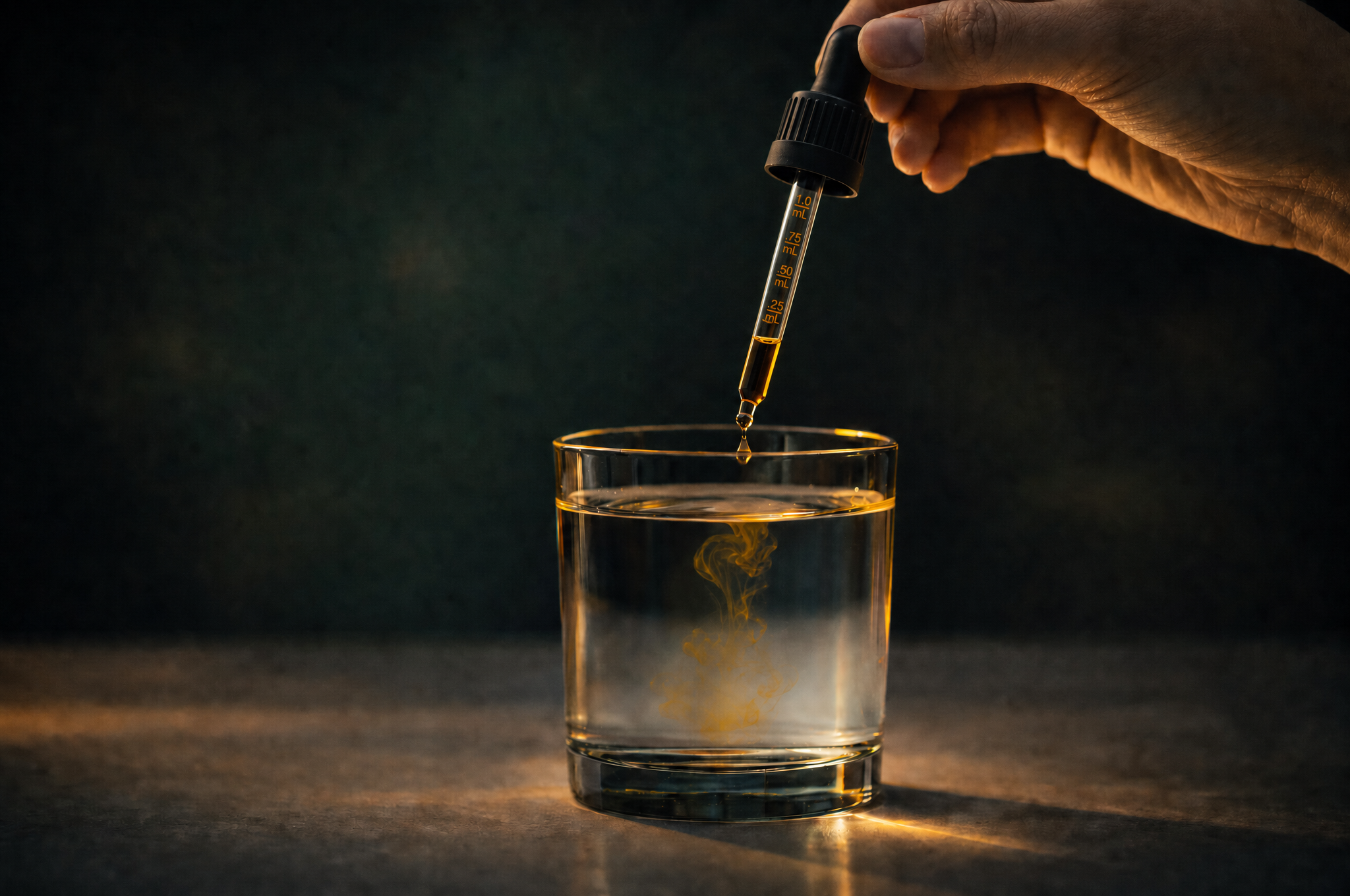 Hand using a dropper to add liquid into a glass on a dark background